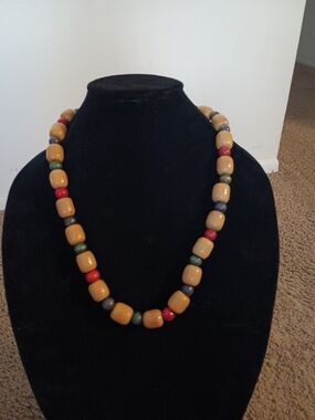 Vintage Chunky Multicolor Wood Beaded Necklace - Yellow, Red, Green, Blue Accent